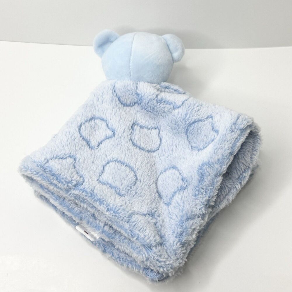 DKNY Baby Light Blue Teddy Bear Security Blanket Lovey Plush Embossed Bear Heads - Picture 3 of 5
